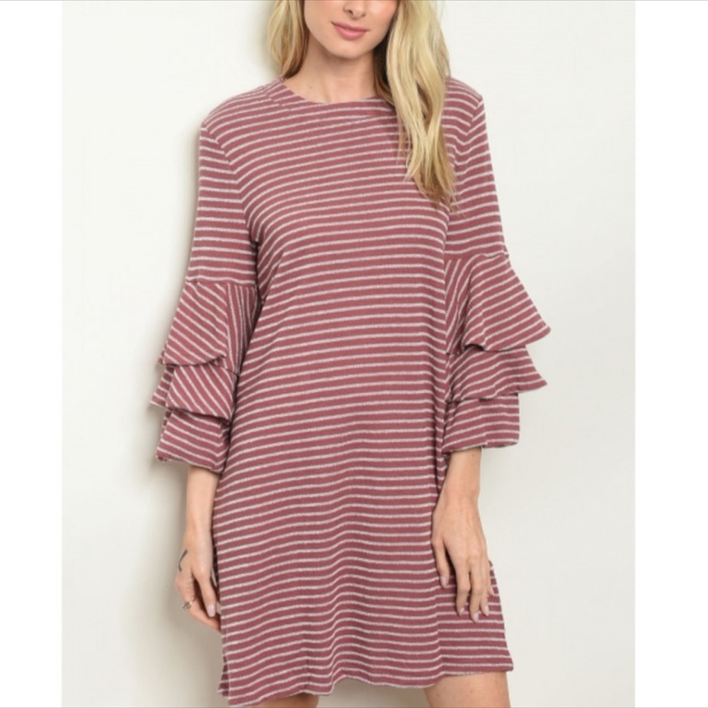 Mauve Striped Tiered Ruffled Sleeve Tunic Dress